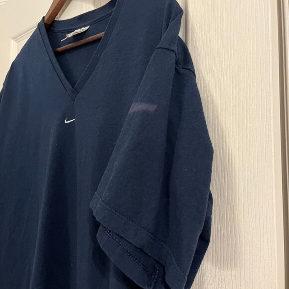 Vintage 90s Nike V-Neck Tee Dark Blue - Embroidered Swoosh Mark - Size XL - Picture 3 of 4